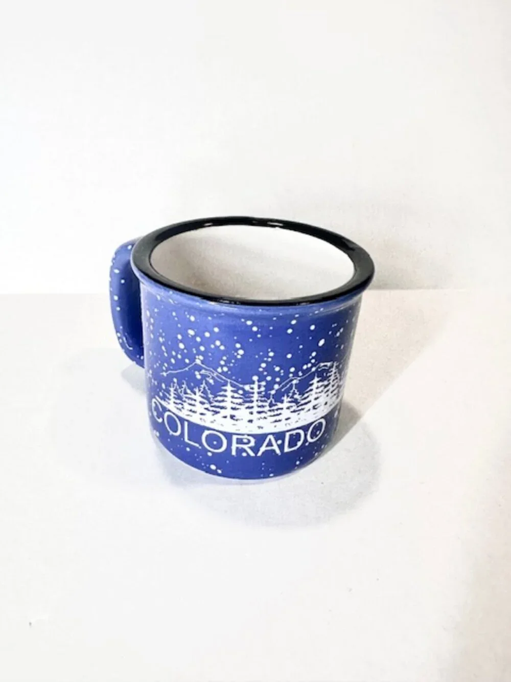 Ceramic Colorado Souvenir Coffee Mug Speckled Pine Trees Mountain Blue & White